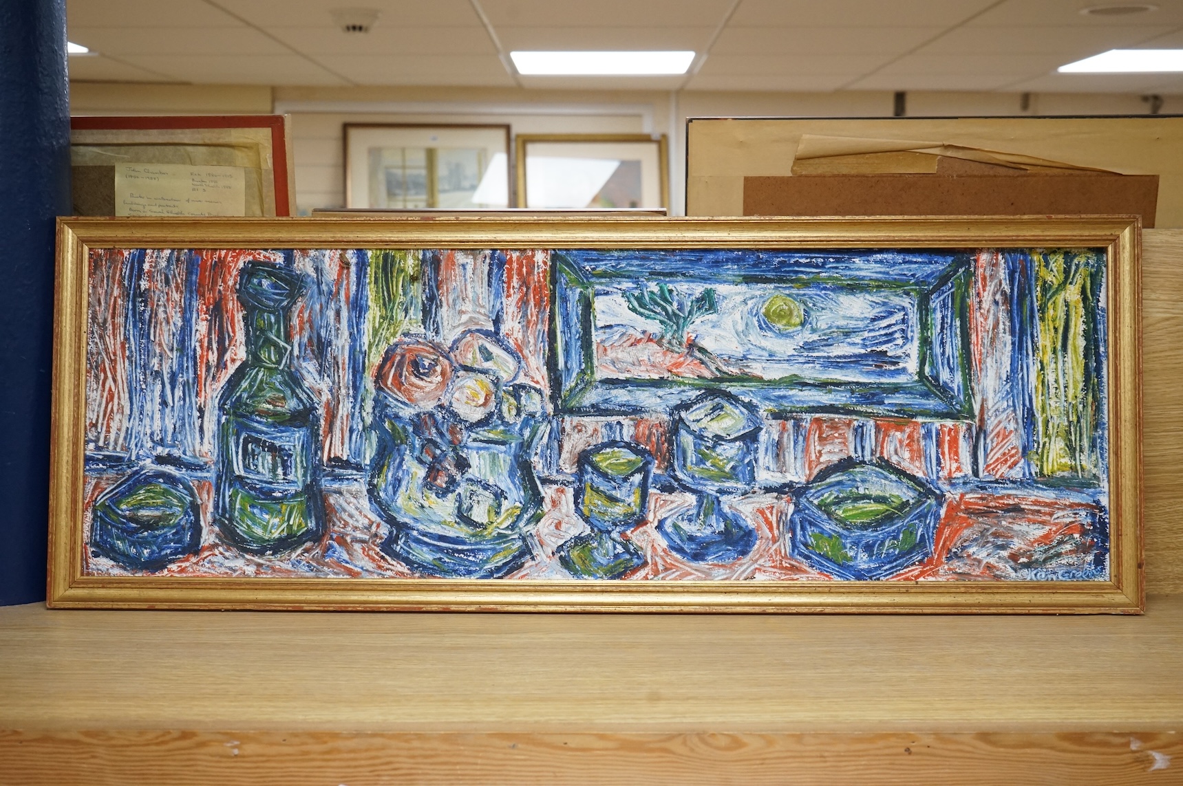 Ken Green, 1970’s impasto oil on board, still life of vessels, signed, 29 x 89cm